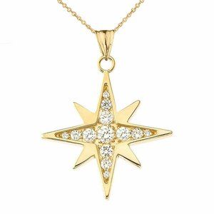 Solid 10k Gold Cubic Zirconia North Star Pendant Necklace - Yellow, Rose, White